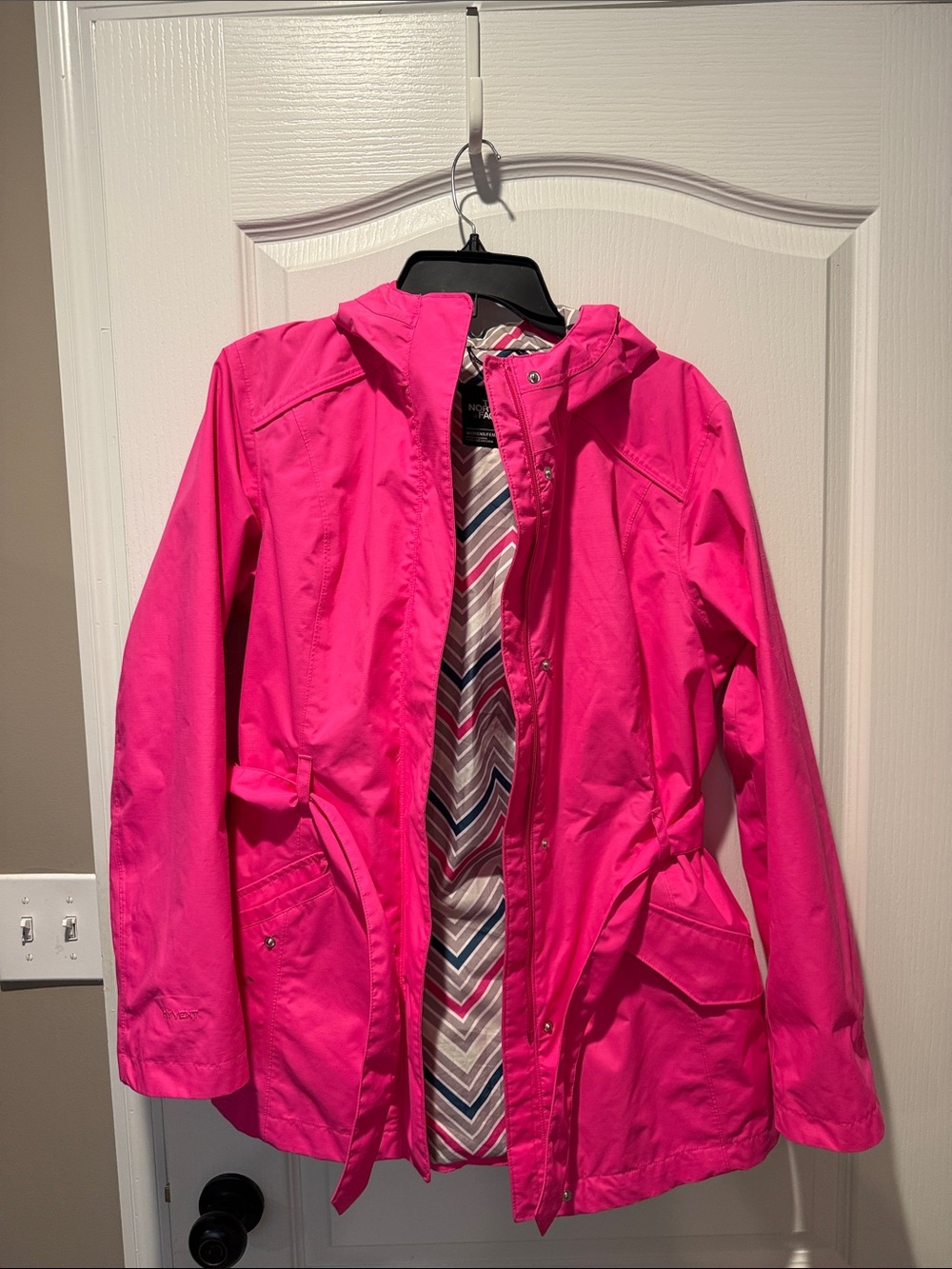 The North Face Women's Chevron Striped Hooded Jacket in Pink, Navy & Gray